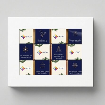 Caja de regalo con 12 minichocolates personalizados con logotipo y mensaje navideño