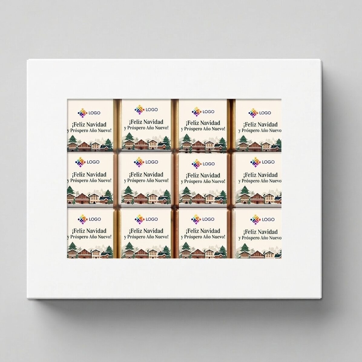 Caja de regalo con 12 minichocolates personalizados con logotipo y mensajes navideños