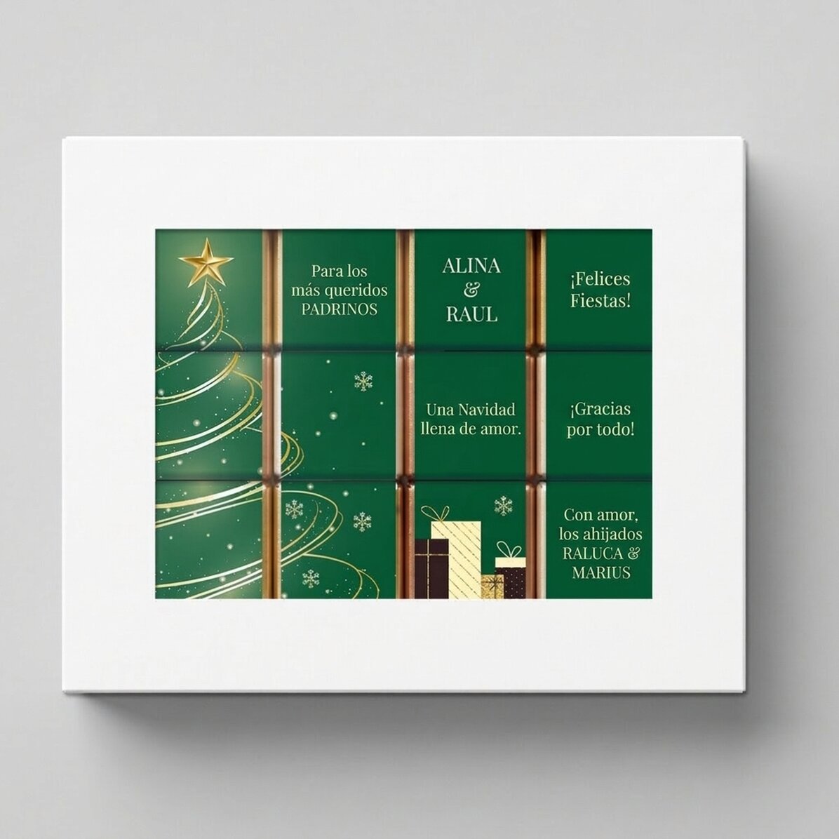 Caja de regalo con 12 minichocolates personalizados con mensajes - Árbol de Navidad