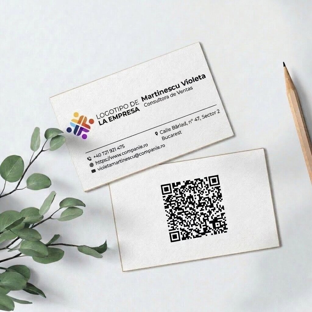 Tarjetas de visita personalizadas a doble cara en papel con código QR y datos de contacto