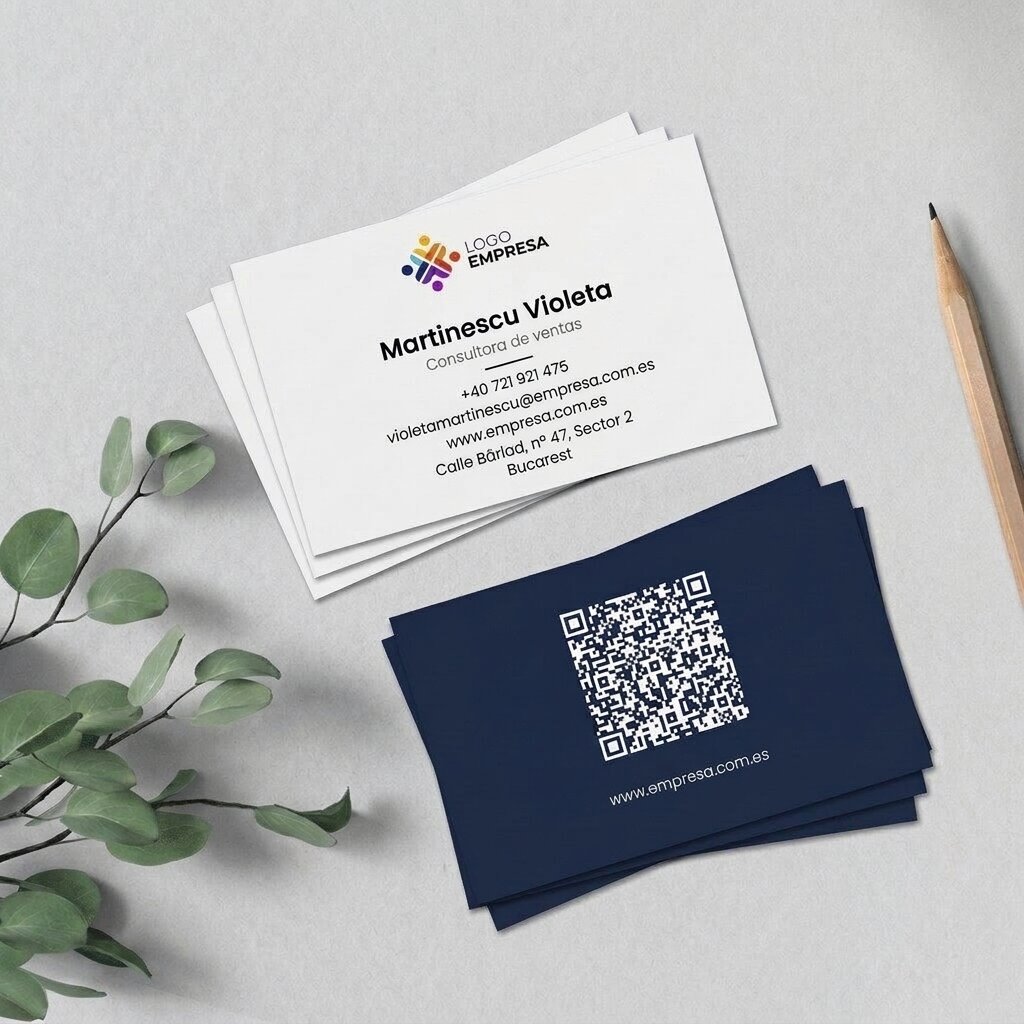 Tarjetas de visita personalizadas en papel, diseño minimalista, logotipo y código QR