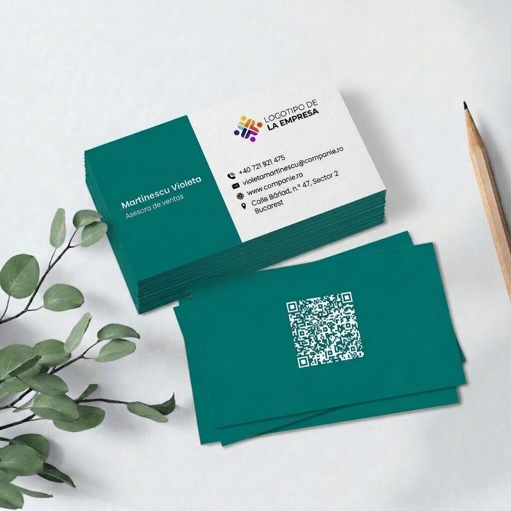 Tarjetas de visita personalizadas en papel, con diseño de franja de color, logotipo y código QR