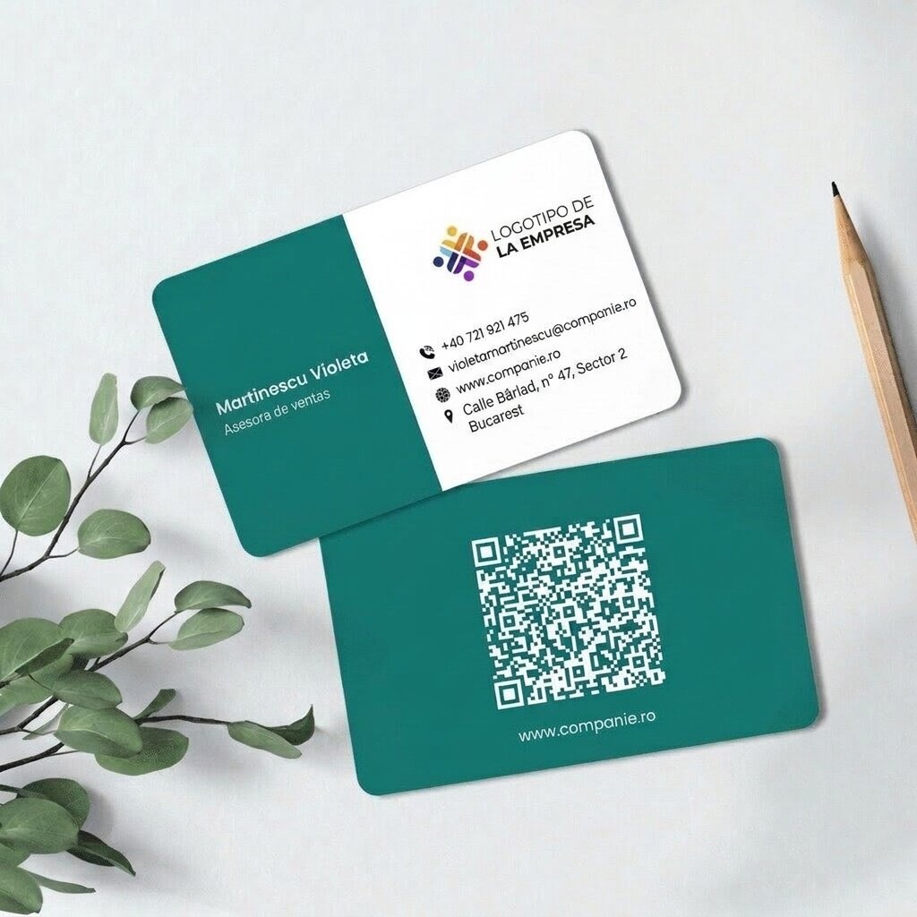 Tarjeta de visita de aluminio personalizada, con diseño de franja de color, logotipo y código QR