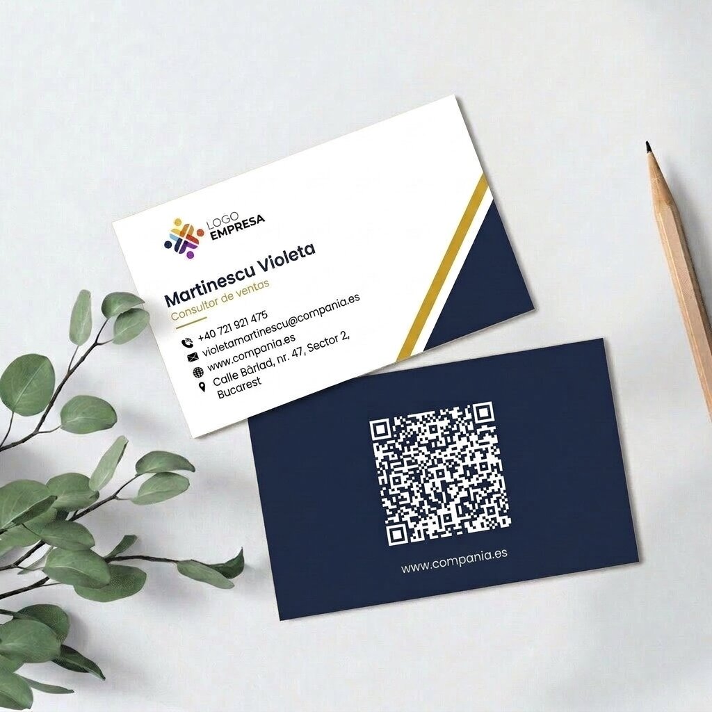Tarjetas de visita personalizadas en papel, con diseño geométrico, logotipo y código QR