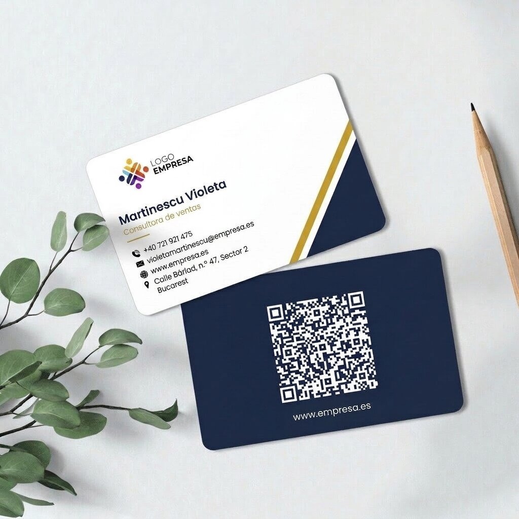 Tarjeta de visita de aluminio personalizada, diseño geométrico, logotipo y código QR