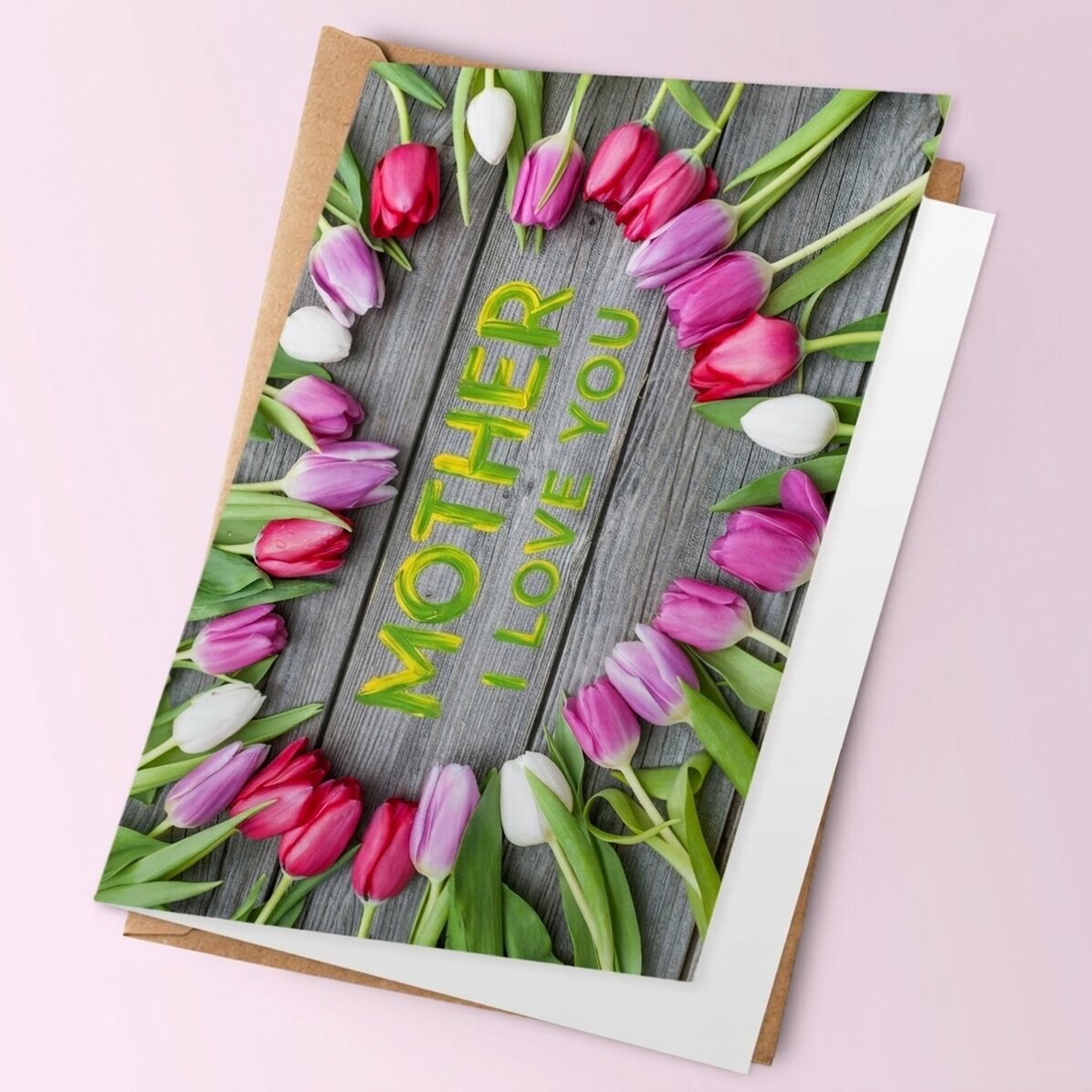 Tarjeta de felicitación personalizada con flores de primavera: tulipanes