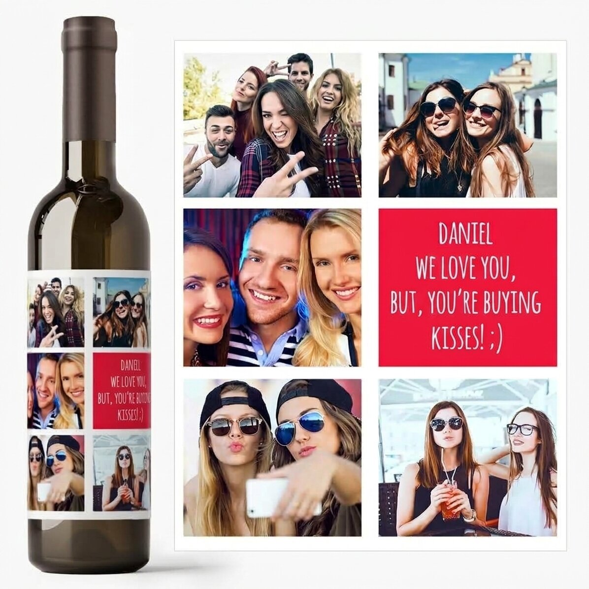 Vino personalizado con 5 fotos y texto