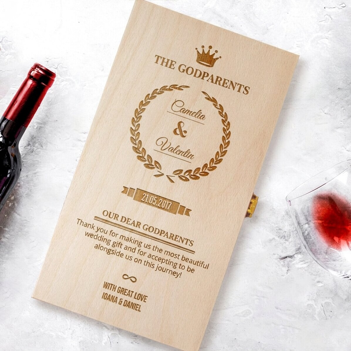 Caja de vino personalizada para dos botellas, para los padrinos