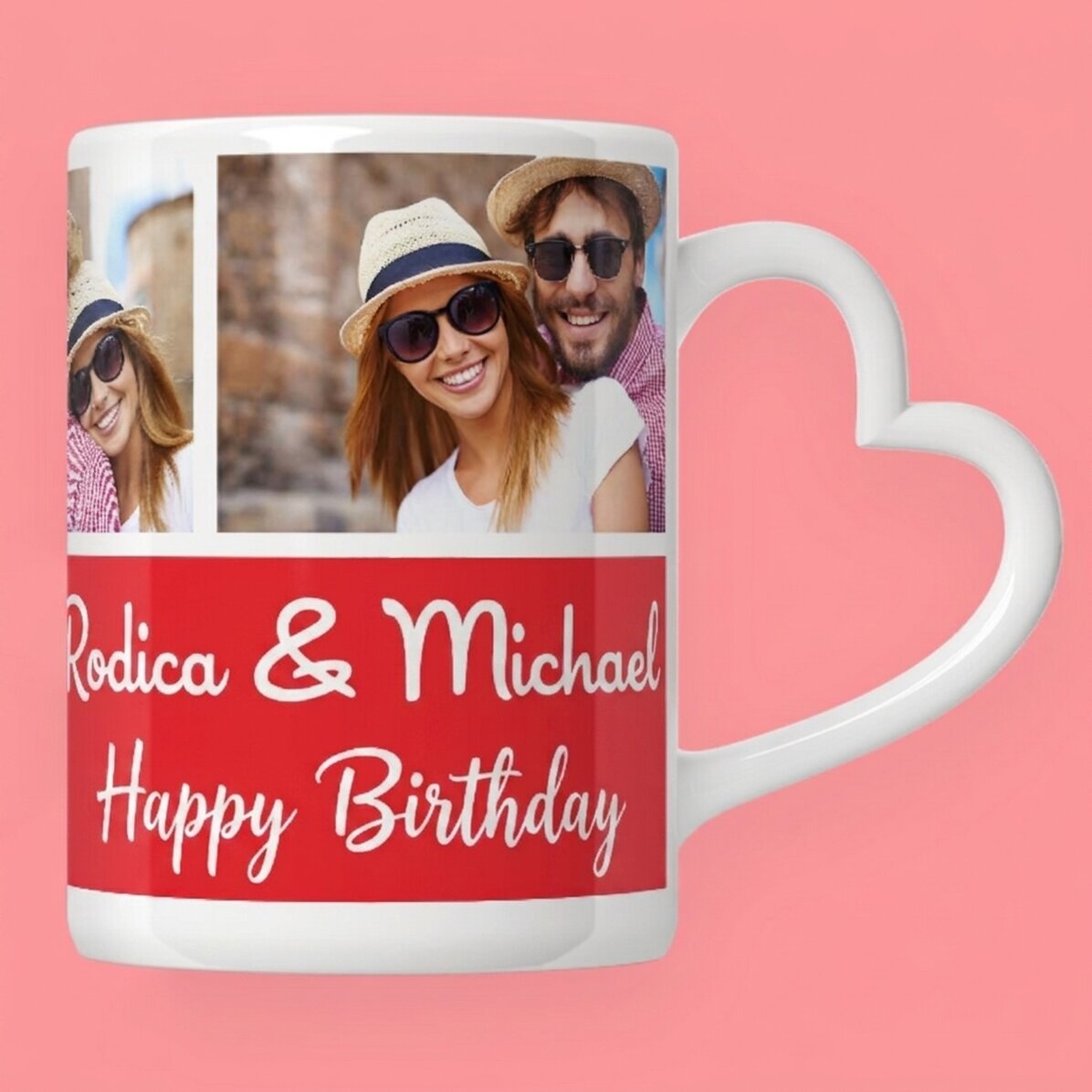 Taza personalizada con 3 fotos y texto - modelo con asa en forma de corazón