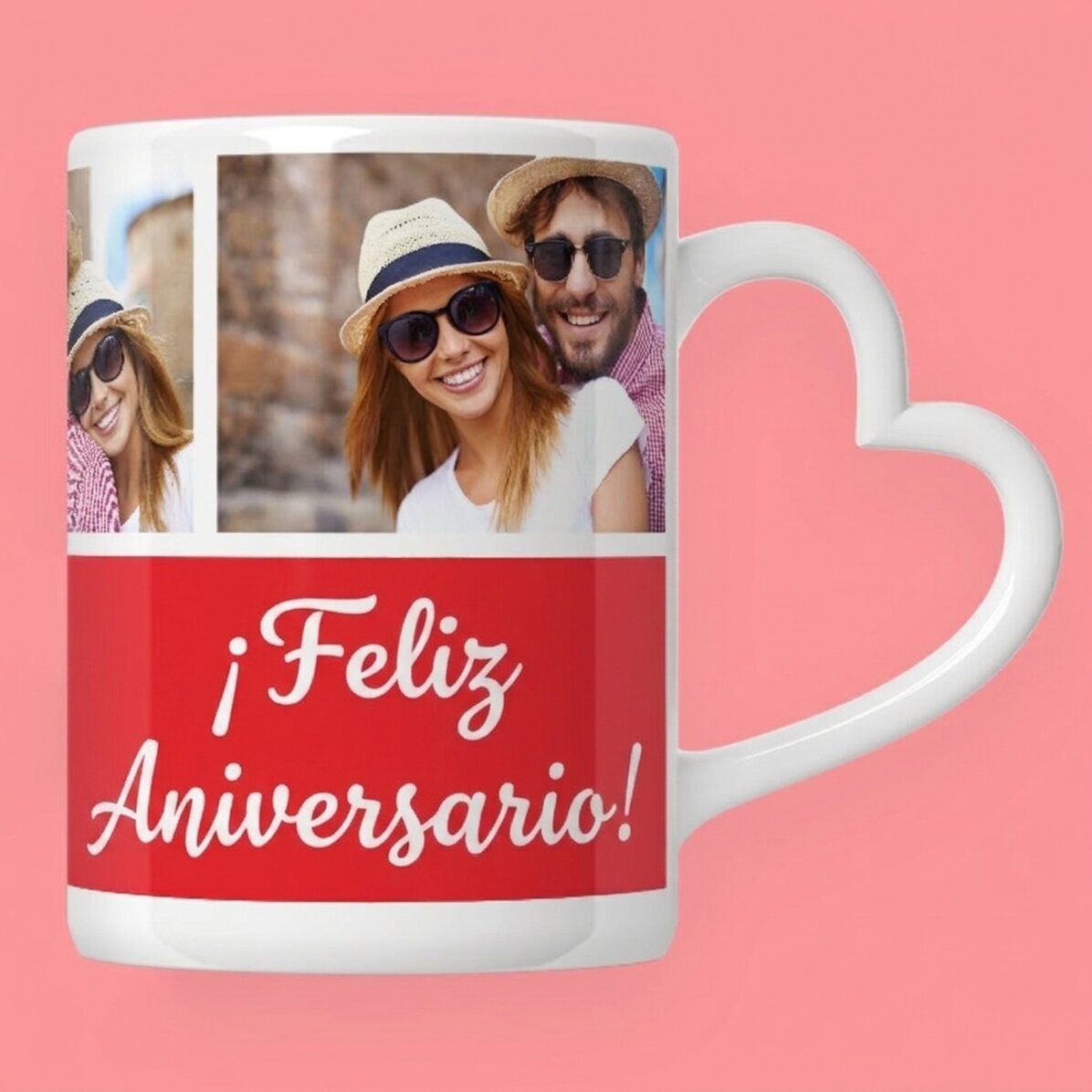 Taza personalizada con 3 fotos y texto - modelo con asa en forma de corazón