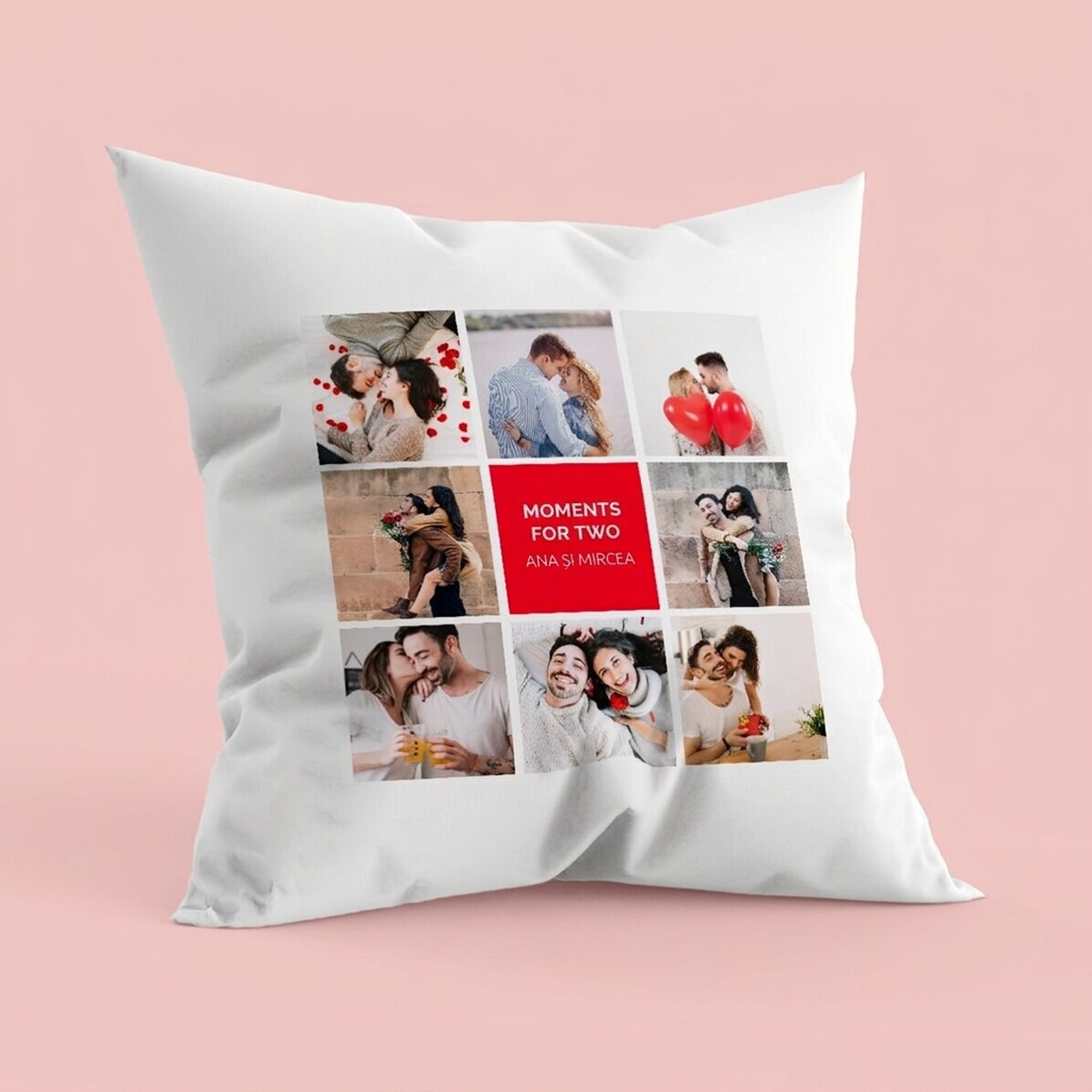 Cojín personalizado con 8 fotos y texto