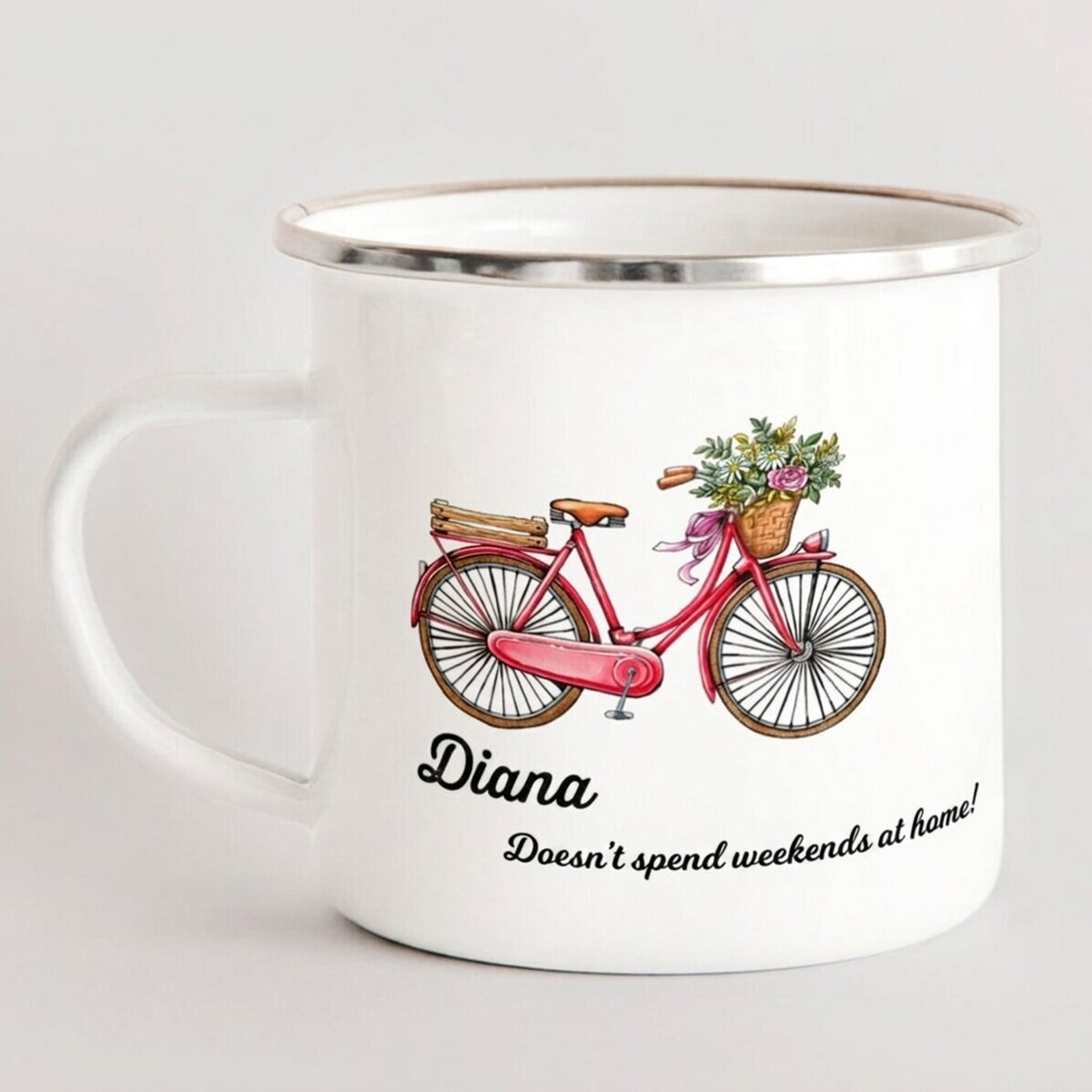 Taza metálica esmaltada personalizada - modelo de bicicleta retro