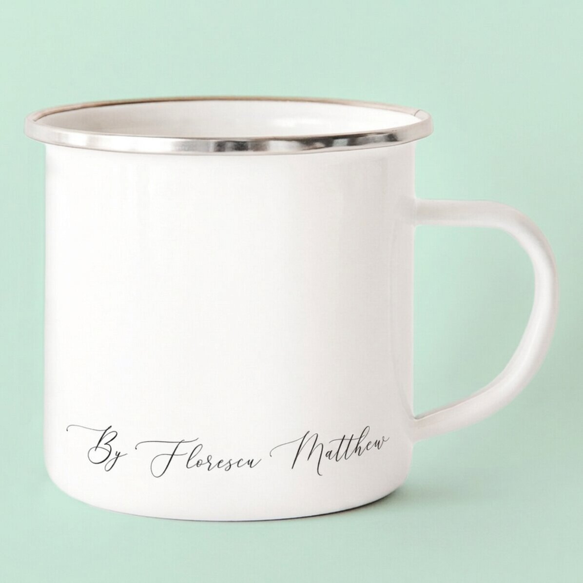 Taza metálica esmaltada personalizada, modelo con firma