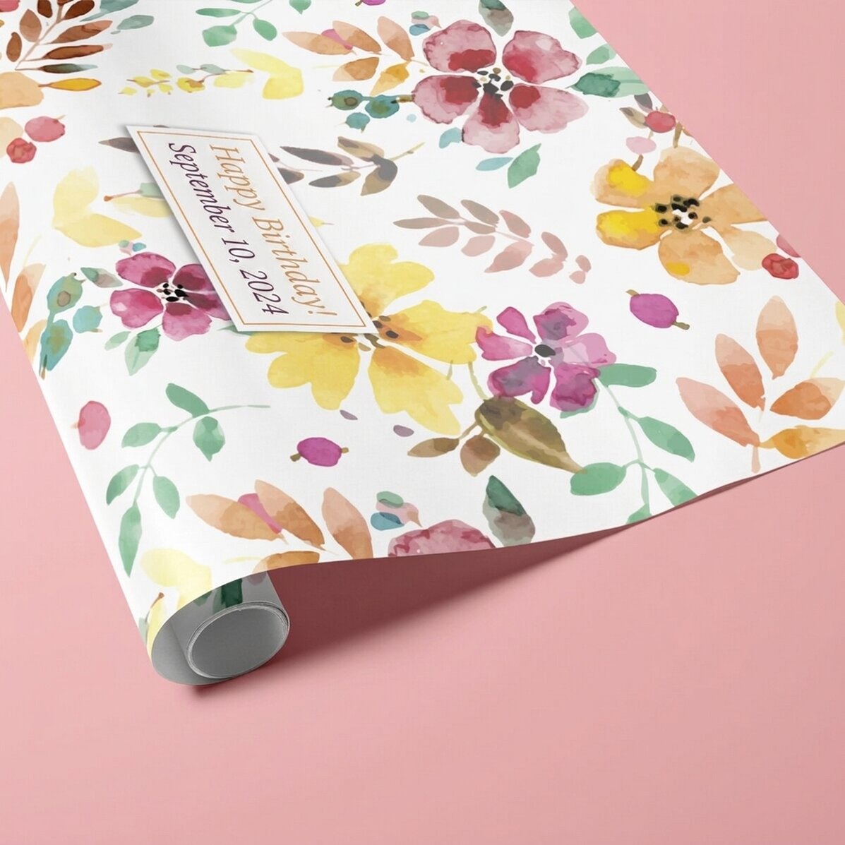 Papel de regalo personalizado: diseño floral con texto enmarcado