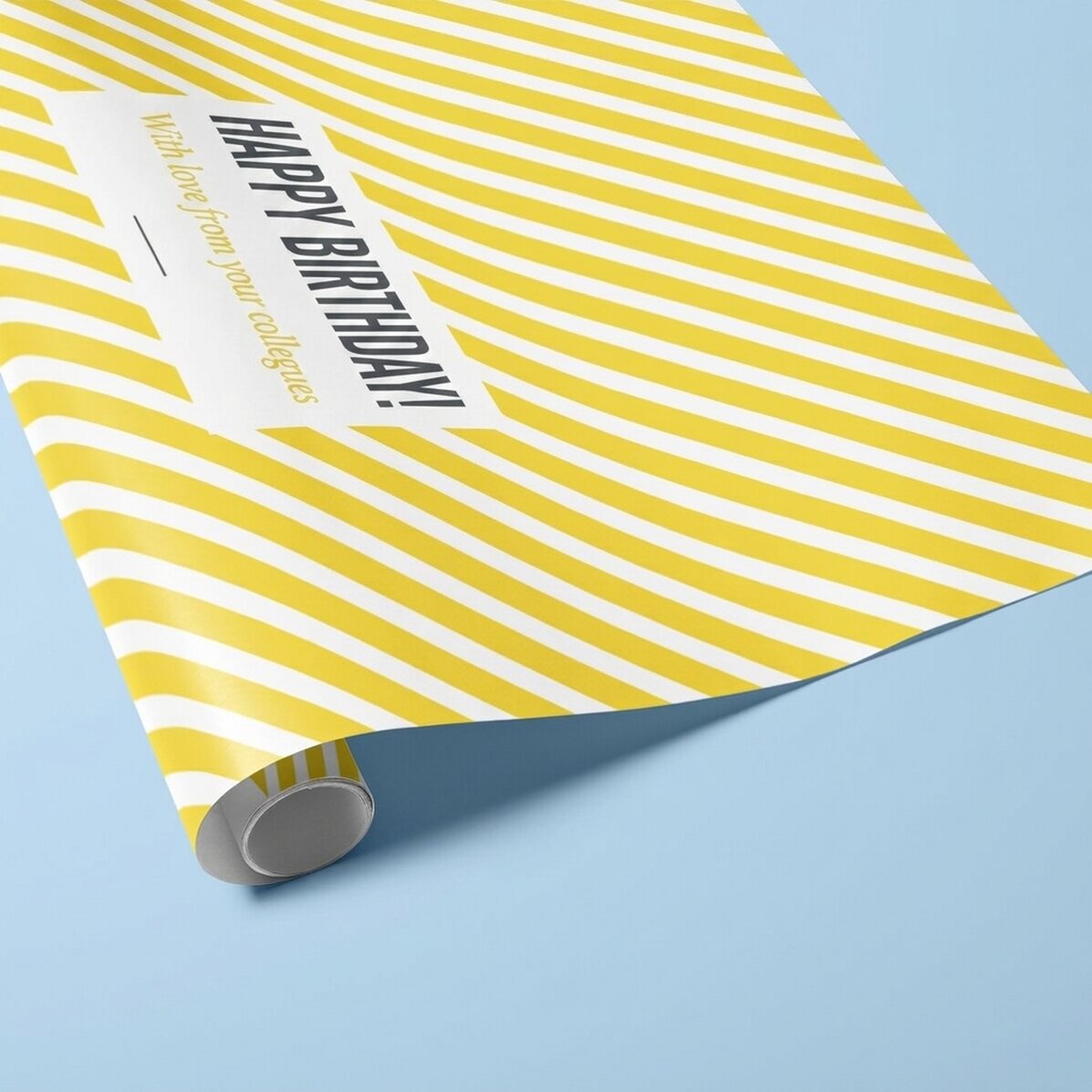 Papel de regalo personalizado - modelo «yellow stripes», con texto enmarcado