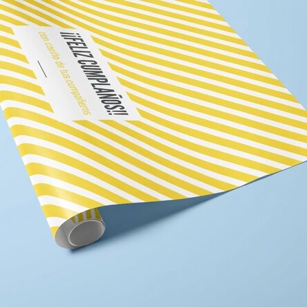 Papel de regalo personalizado - modelo «yellow stripes», con texto enmarcado