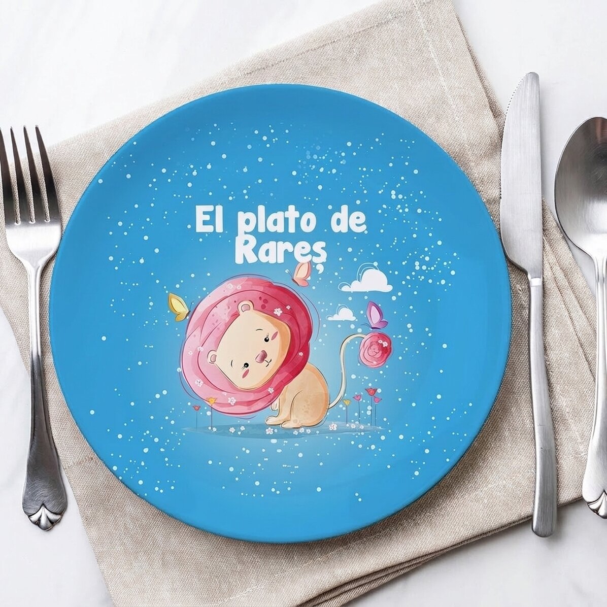 Plato azul personalizado con texto