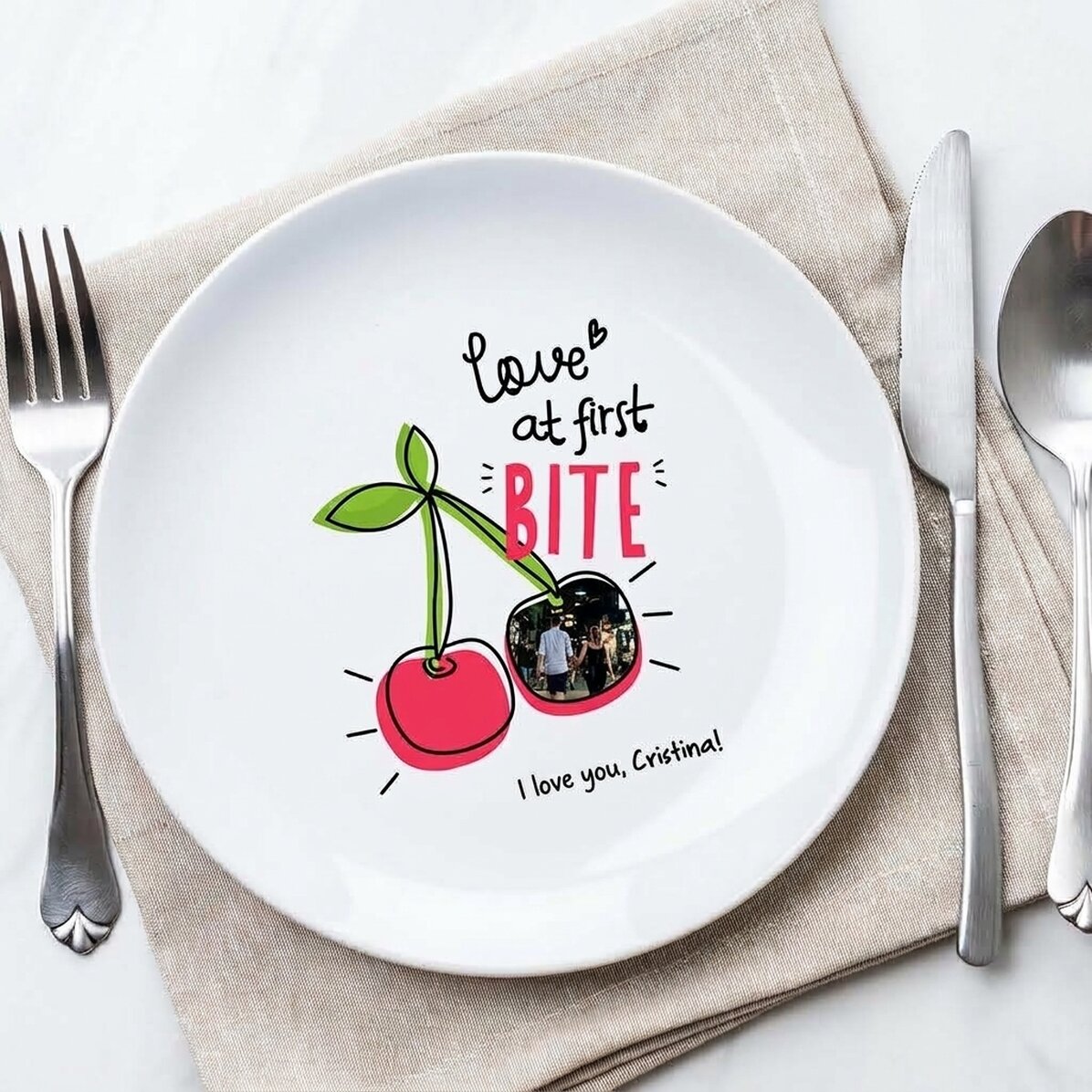 Plato personalizado con foto y texto - Amor a primera vista
