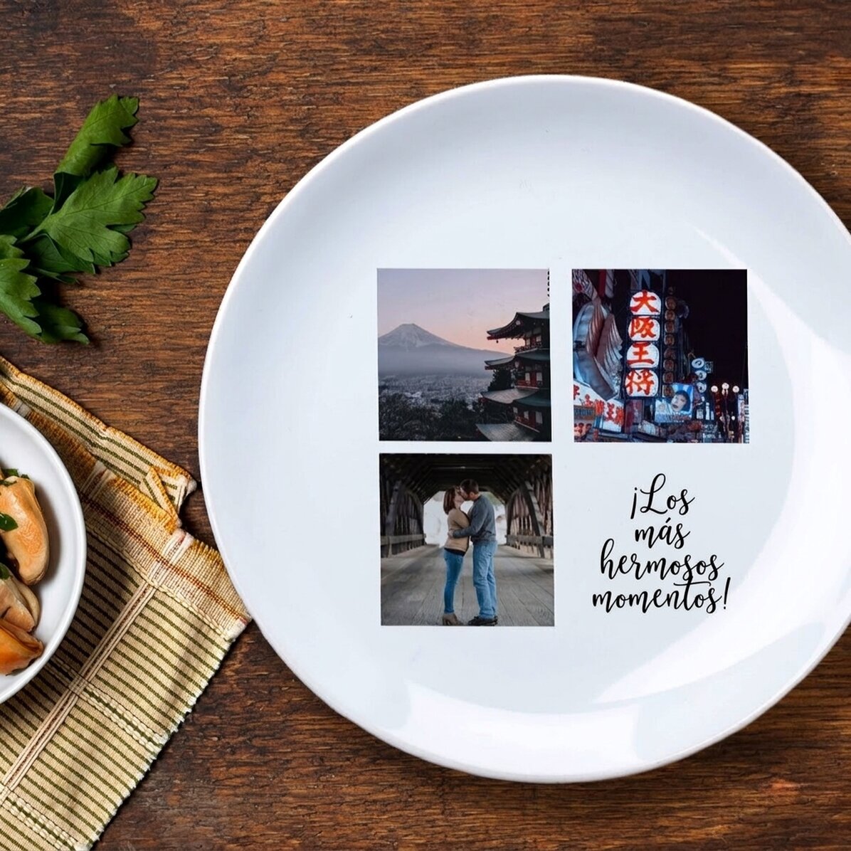 Plato personalizado con 3 fotos y texto