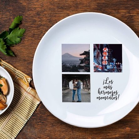 Plato personalizado con 3 fotos y texto