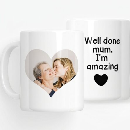Taza personalizada con una foto y un texto: «Bien hecho, mamá»
