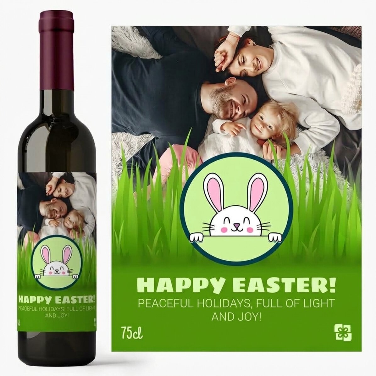 Vino personalizado con texto y foto: ¡Feliz Pascua!