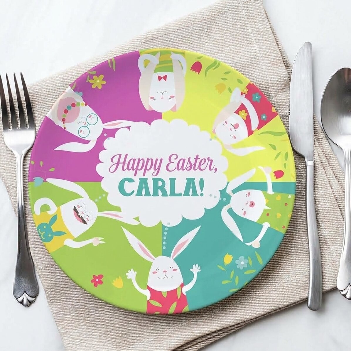 Plato personalizado con texto - Conejitos de Pascua