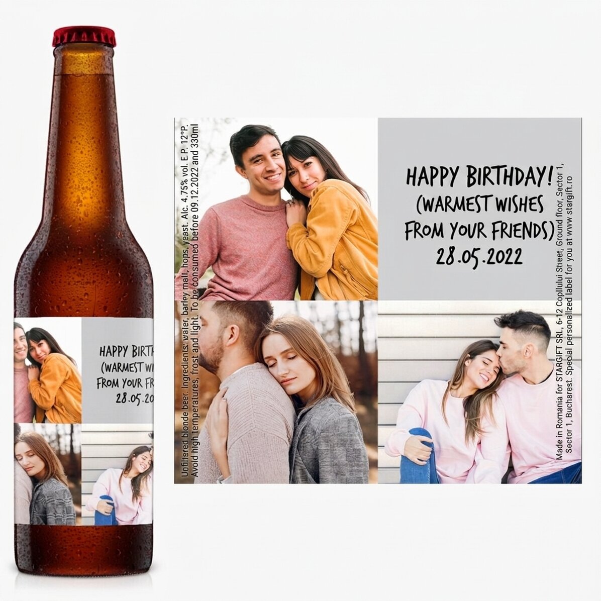 Cerveza personalizada con 3 fotos y texto