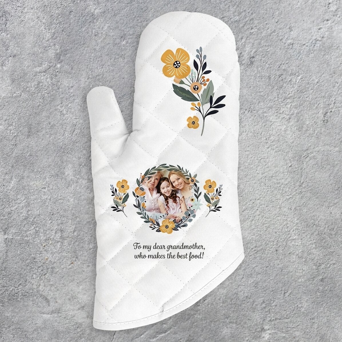 Manopla de cocina personalizada con foto y texto - Modelo de flores