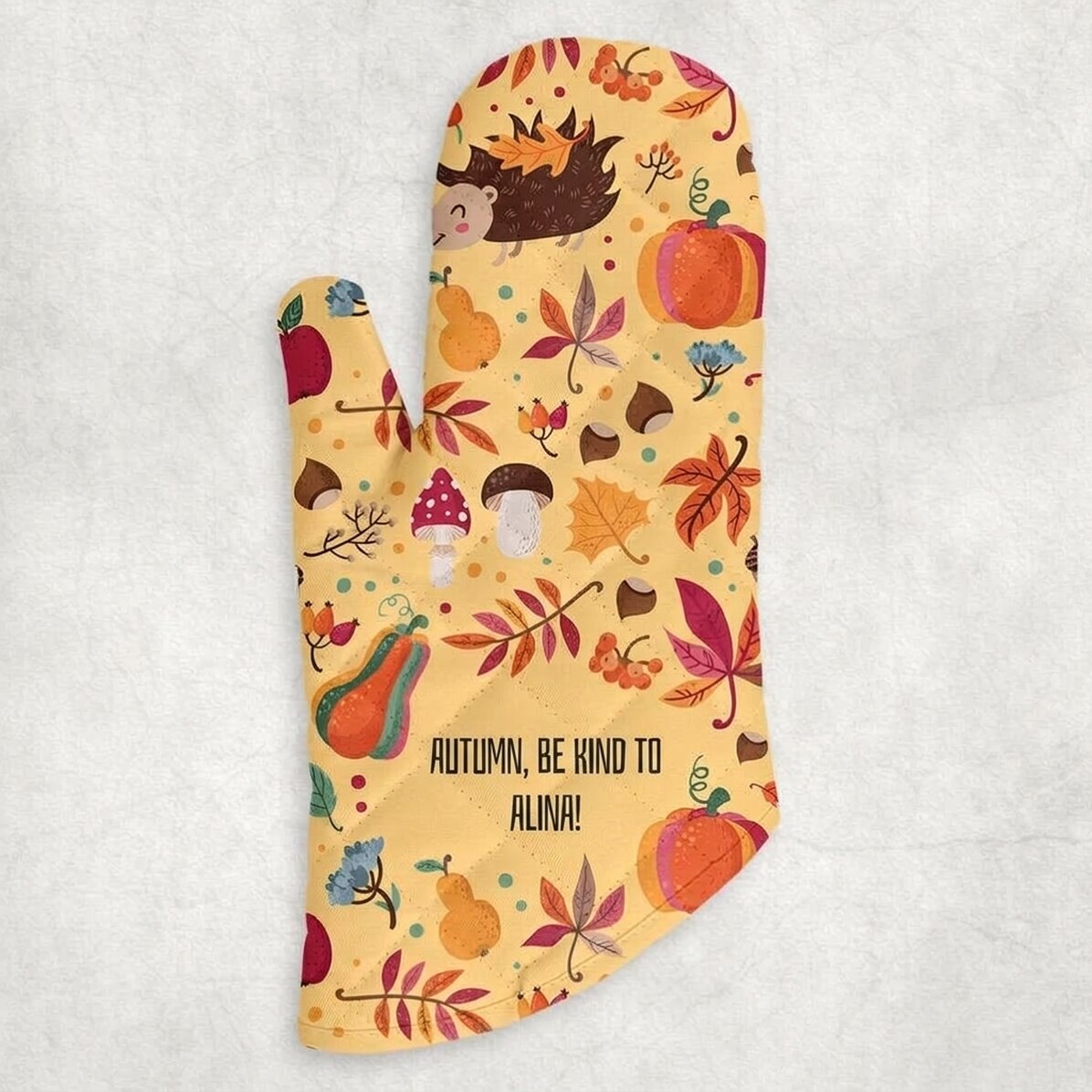 Manopla de cocina personalizada con texto: «Buen otoño»