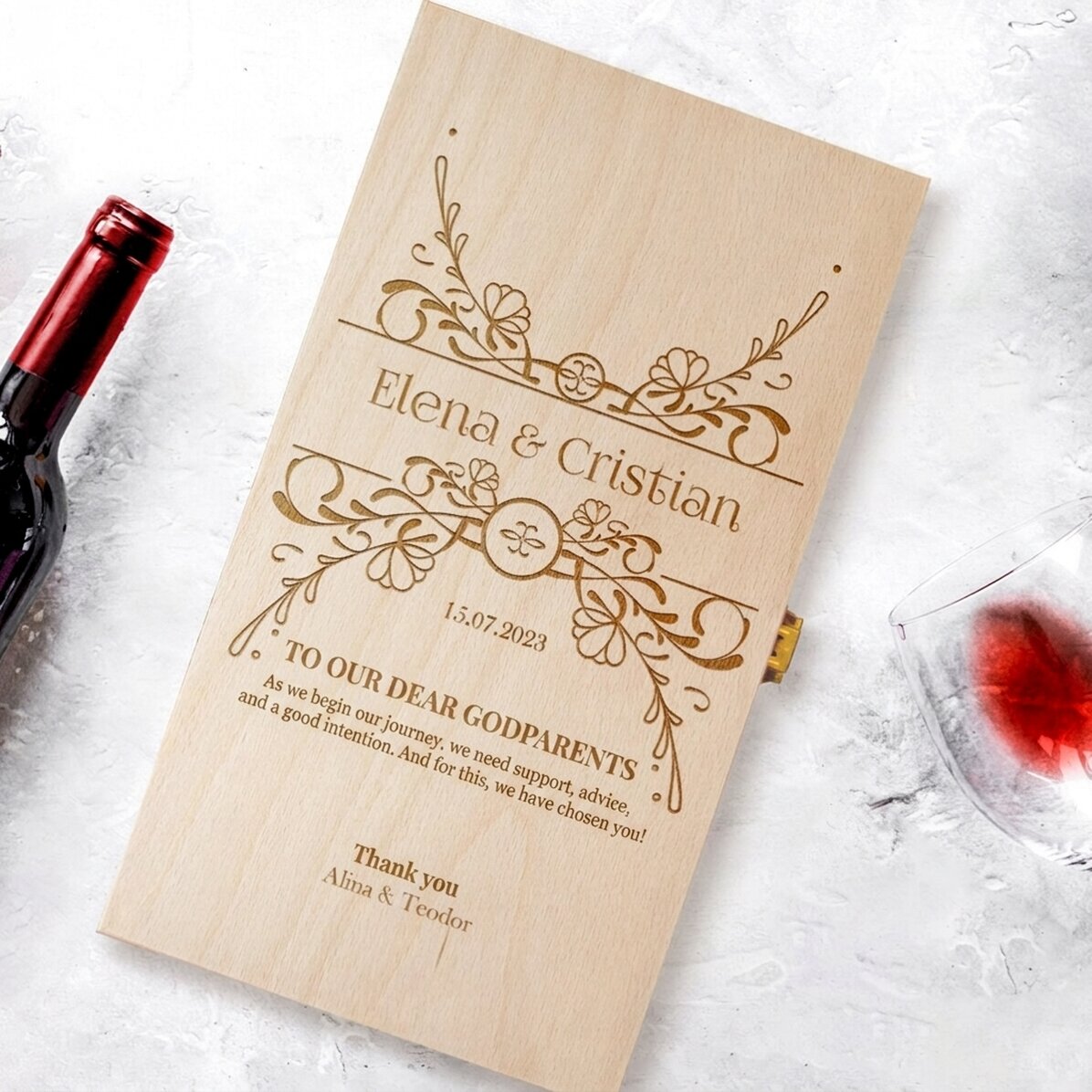 Caja de vino personalizada para dos botellas - Mensaje para los padrinos