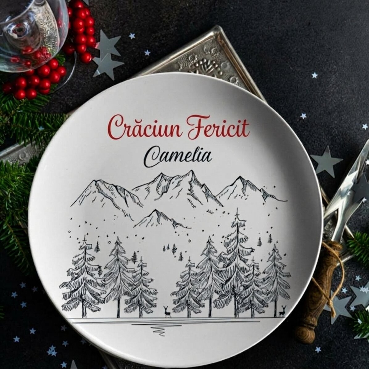Plato personalizado con texto - Paisaje invernal