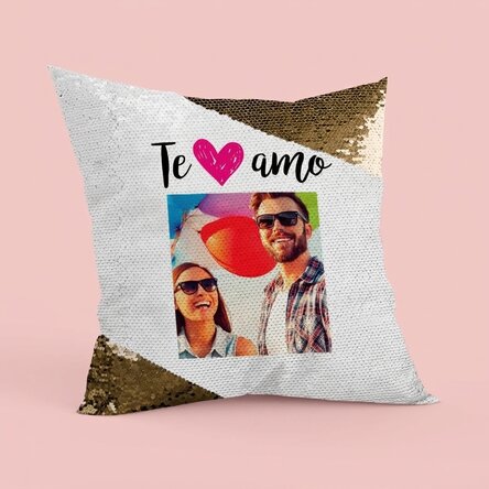 Cojín con lentejuelas personalizado con foto - «I love you»