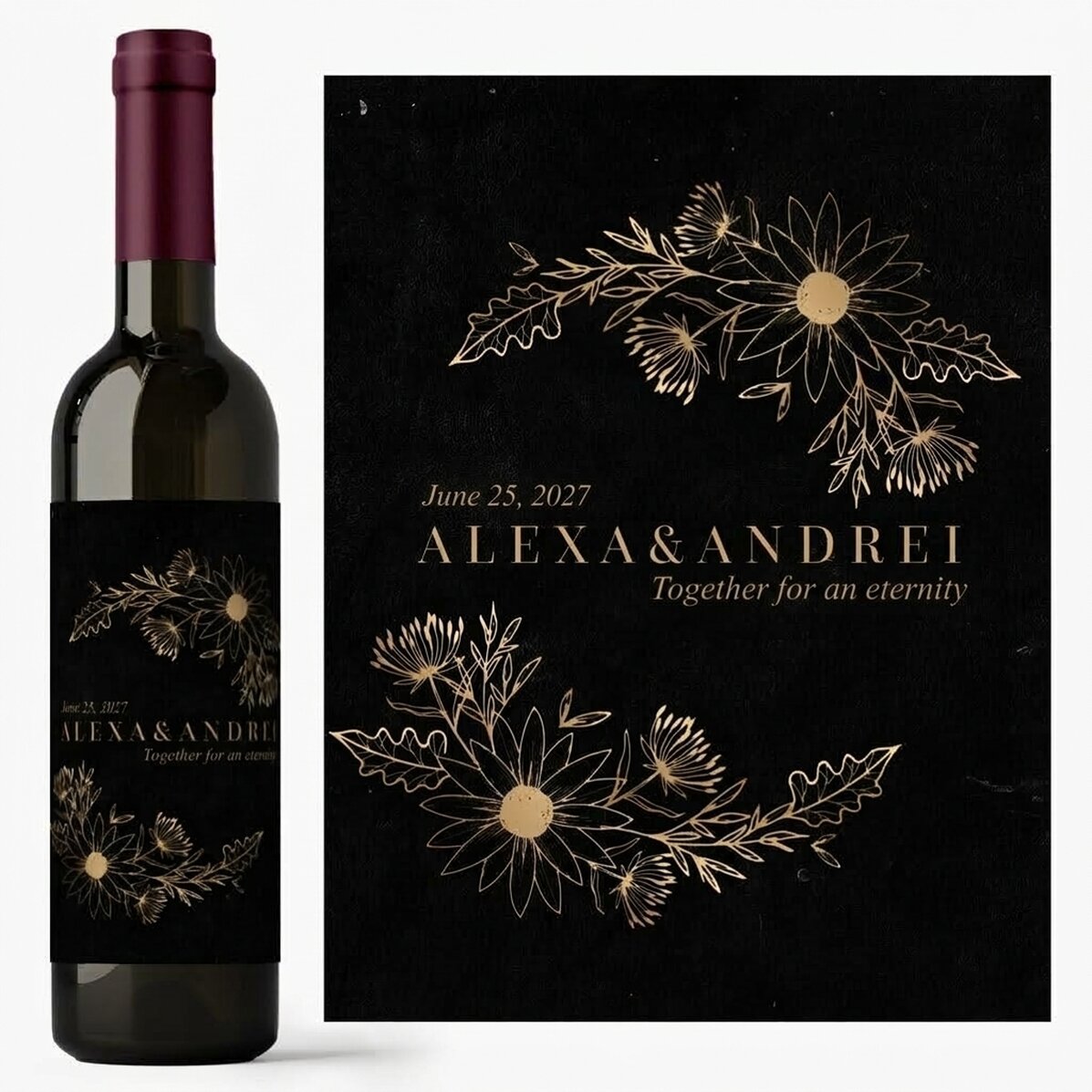 Vino personalizado con texto - Flores Doradas