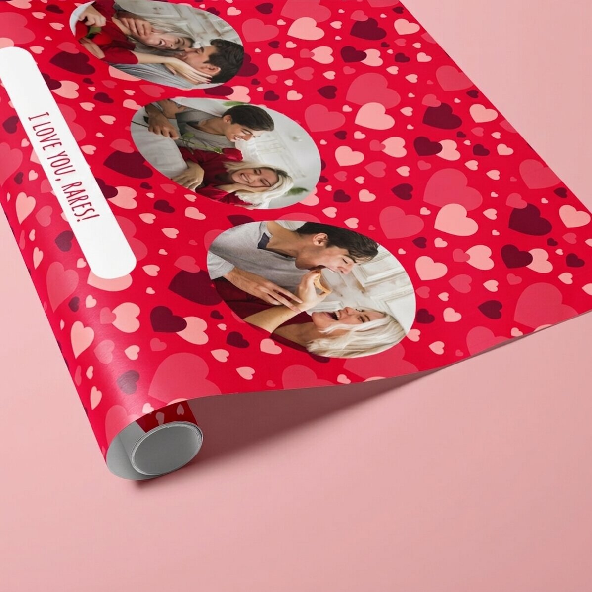 Papel de regalo personalizado con 3 fotos y texto - Hearts