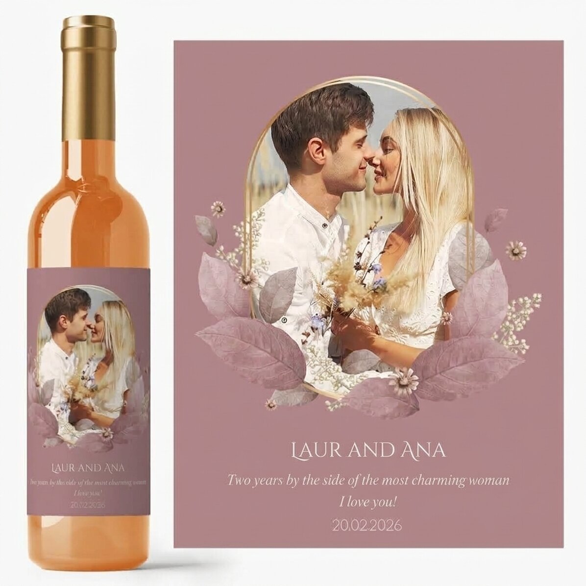 Vino personalizado con texto y foto - Floral