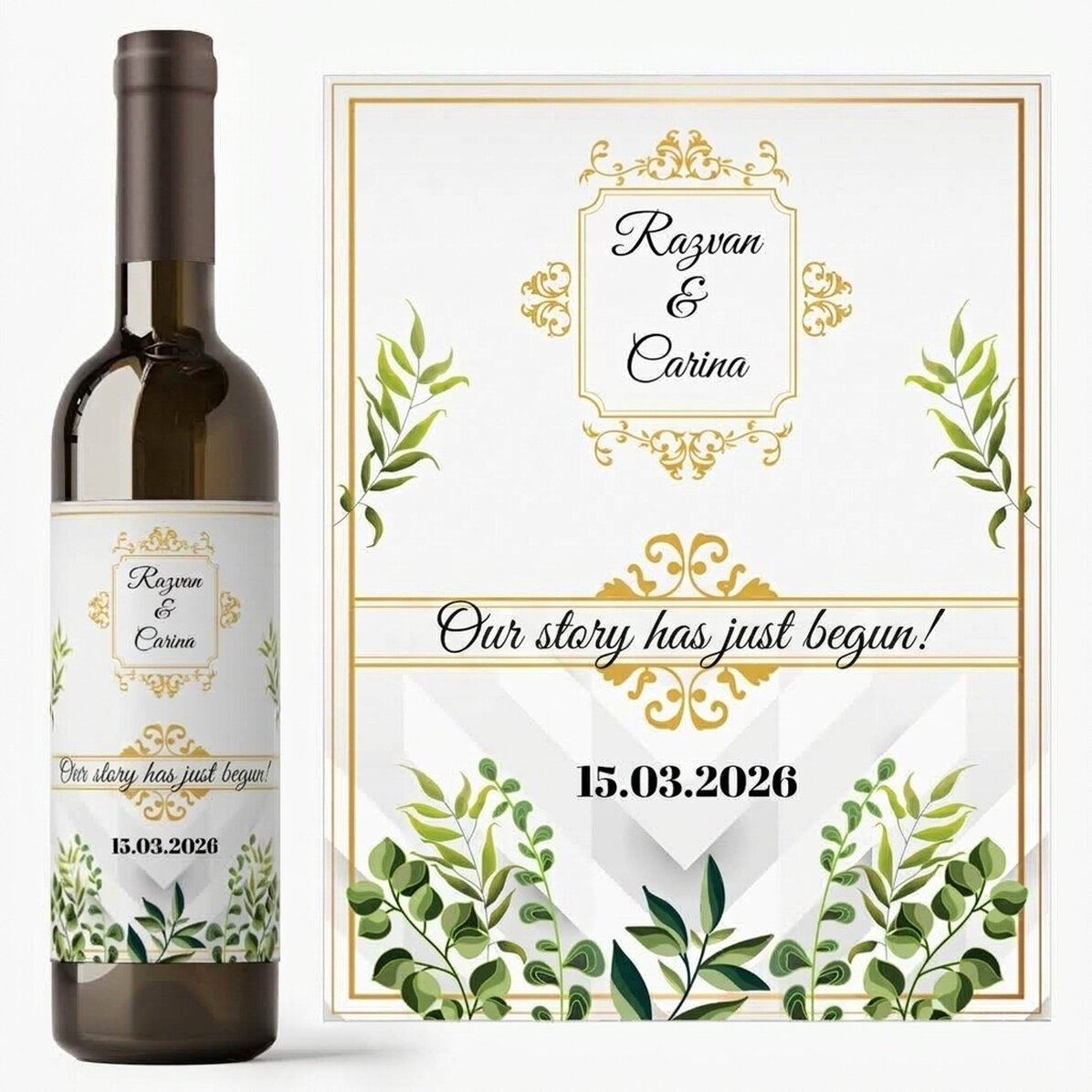 Vino personalizado con texto: «Nuestra historia»