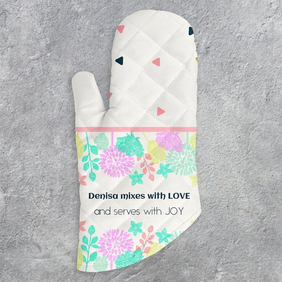 Manopla de cocina personalizada con el texto «Mixed with love»