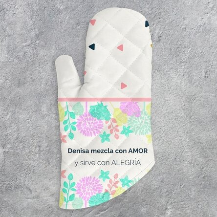Manopla de cocina personalizada con el texto «Mixed with love»