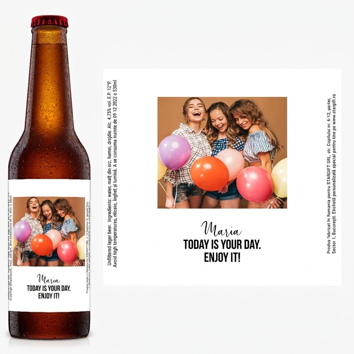 Cerveza personalizada con texto y una foto - Felicidad