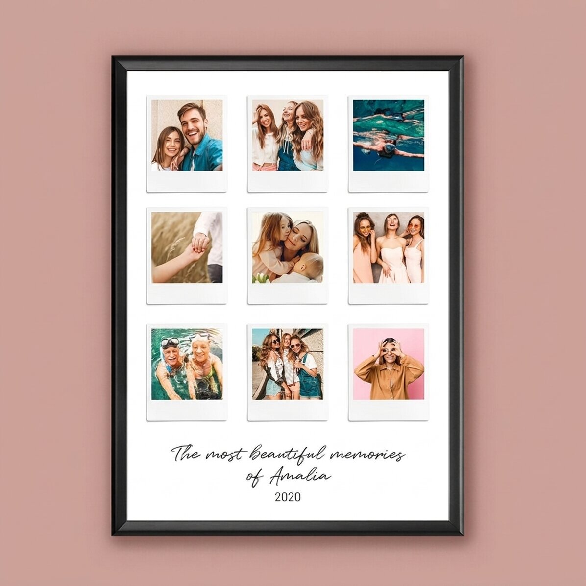 Cuadro personalizado con texto y 9 fotos estilo Polaroid: los momentos más bonitos