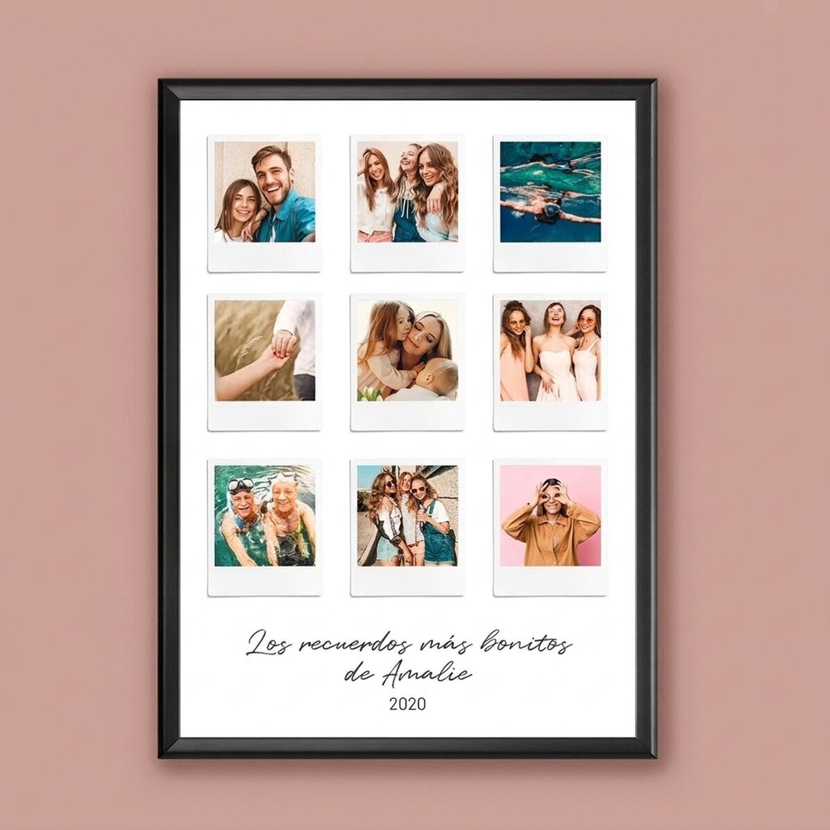 Cuadro personalizado con texto y 9 fotos estilo Polaroid: los momentos más bonitos