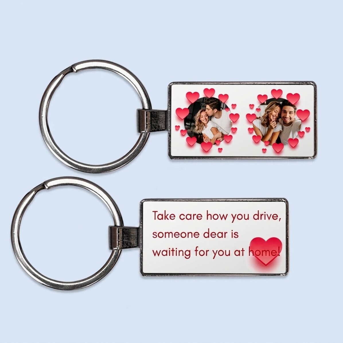 Llavero personalizado con dos fotos y texto - Modelo «Corazones»