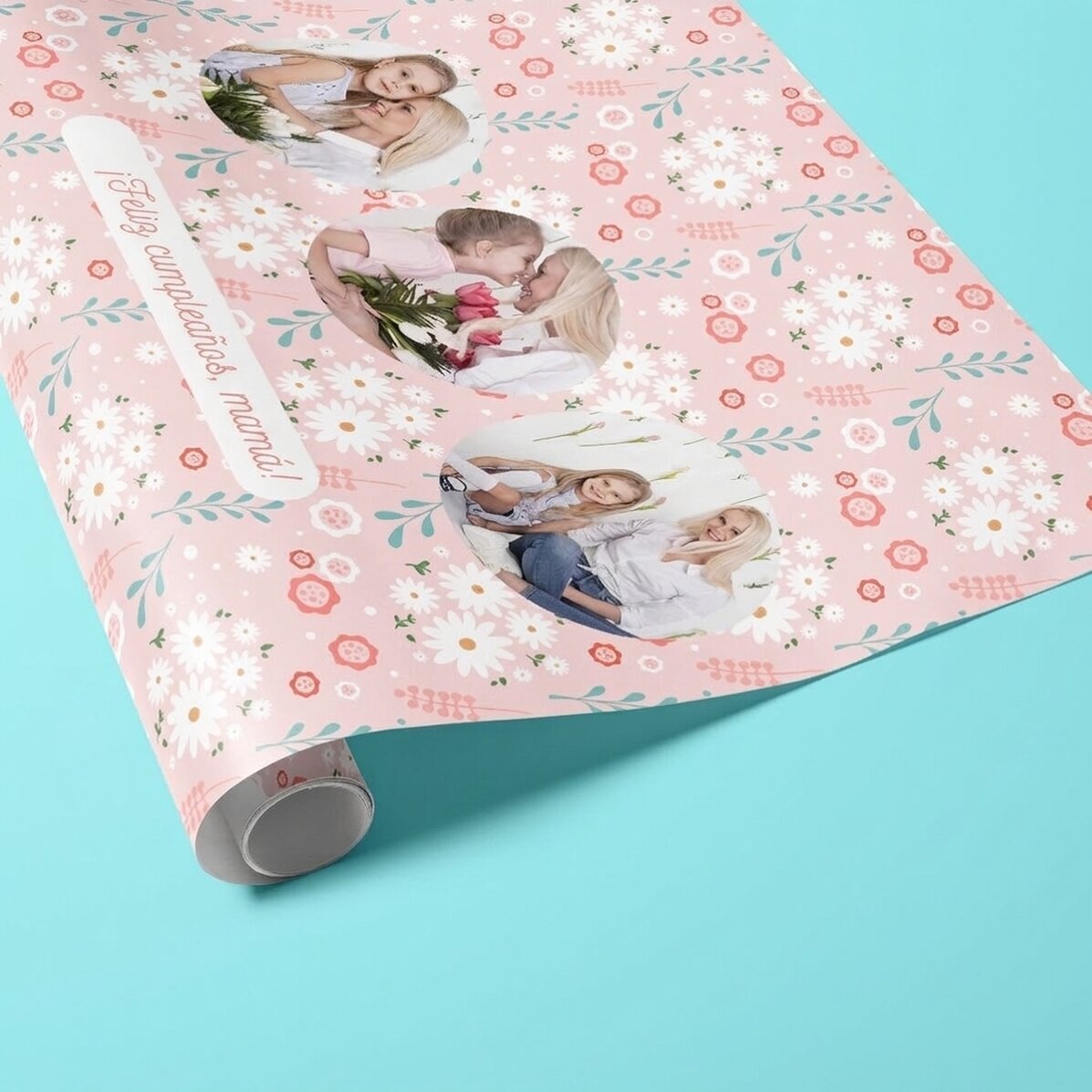 Papel de regalo personalizado con 3 fotos y texto - Flores de primavera