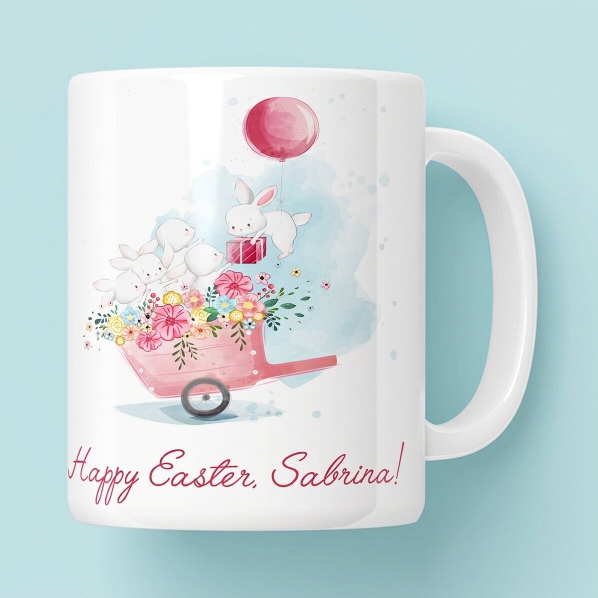 Taza personalizada con texto: «Conejitos alegres»