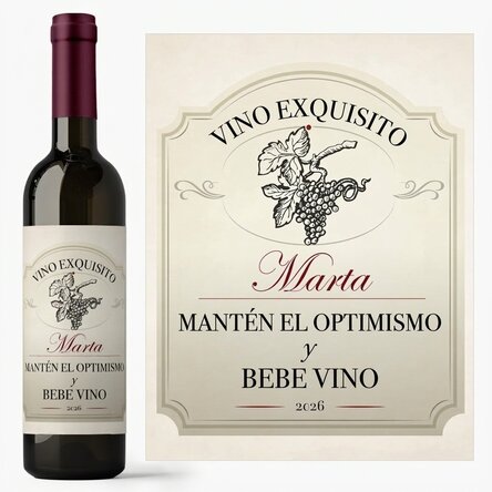 Vino personalizado con el texto: «Mantén una actitud positiva y bebe vino»