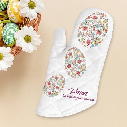 Manopla de cocina personalizada con el texto «Happy Easter»