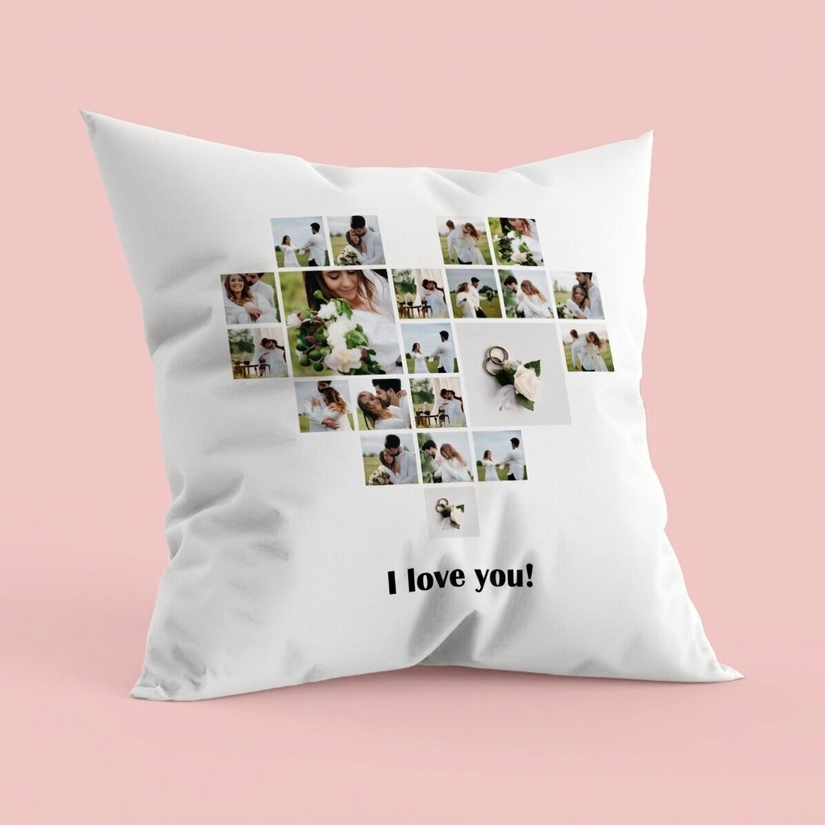 Cojín personalizado con 21 fotos en forma de corazón y texto
