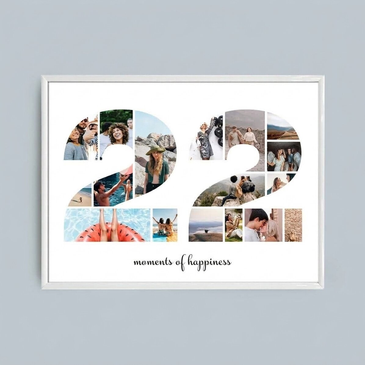Cuadro panorámico personalizado con 17 fotos del modelo n.º 22 y un mensaje de texto