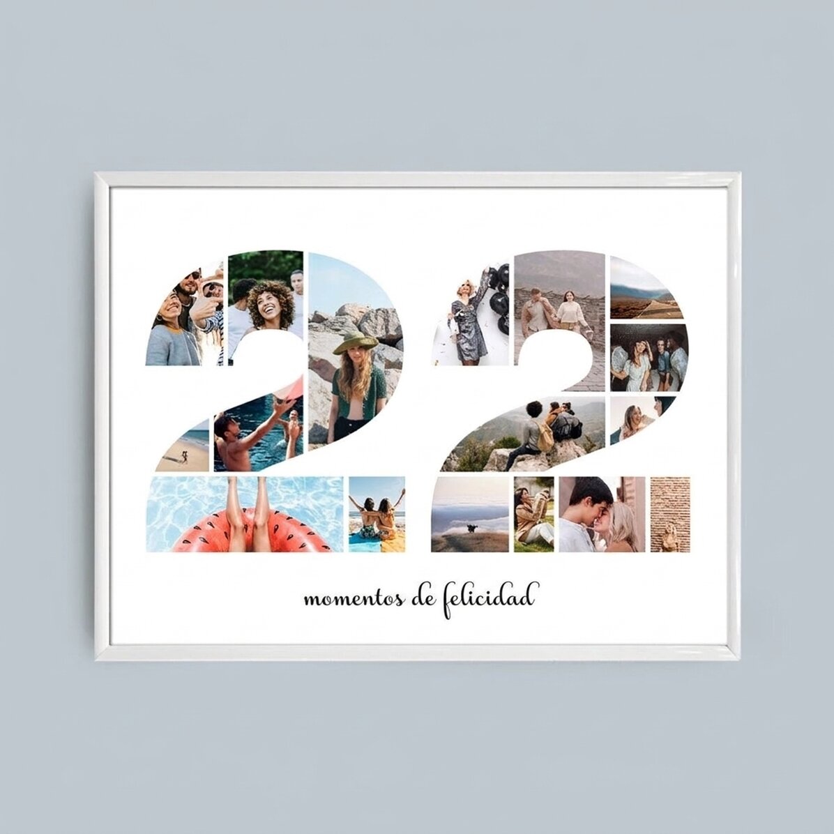 Cuadro panorámico personalizado con 17 fotos del modelo n.º 22 y un mensaje de texto